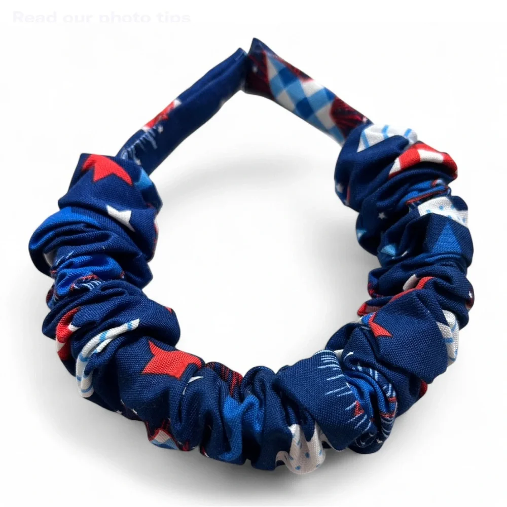 Patriotic Blue Pattern Hair Scrunchies and Headbands Accessory Set. Handmade